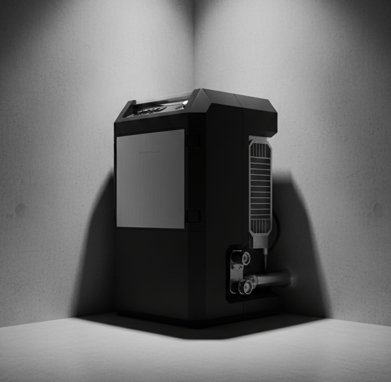 Modern black industrial dehumidifier machine positioned in a minimalist concrete corner with spotlighting.