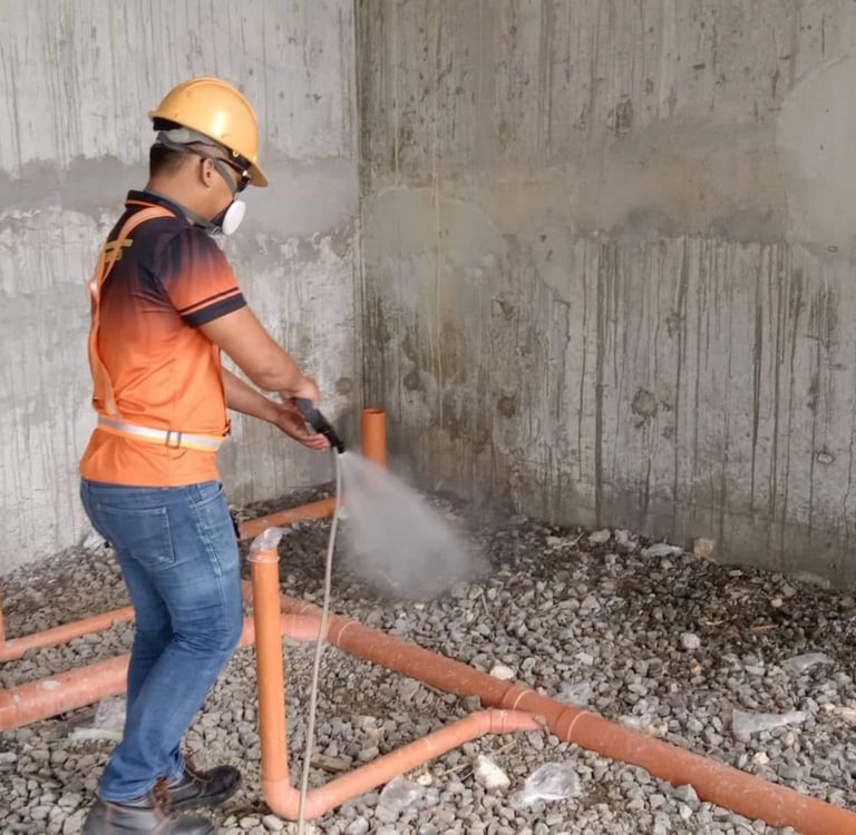 Siquijor pest control technician performing soil poisoning treatment for termites, applying chemical