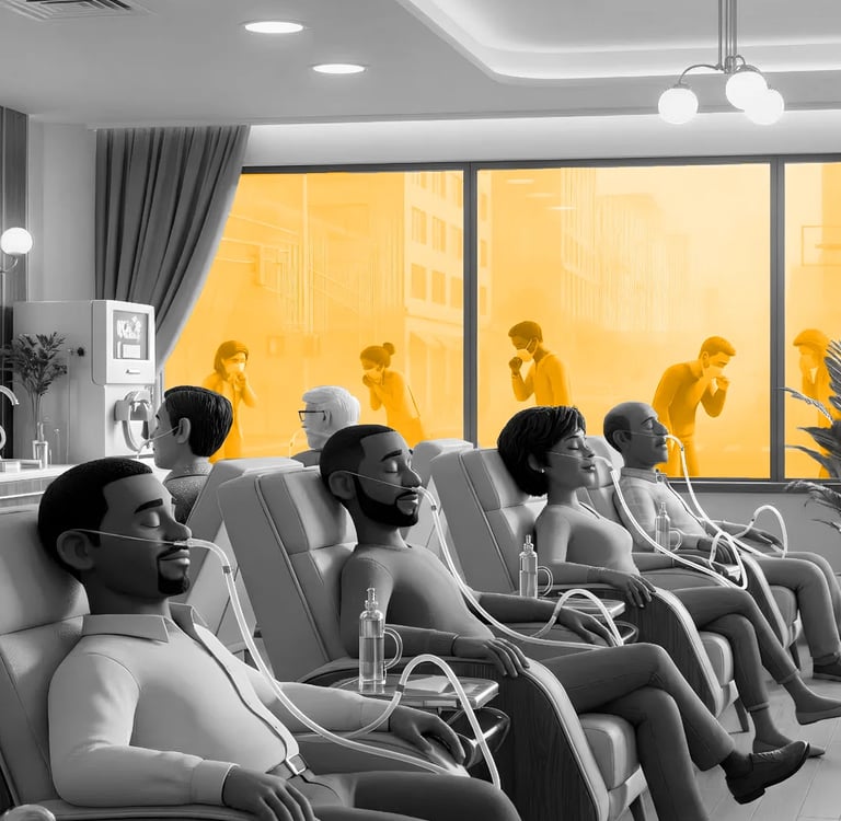 People relax with nasal oxygen cannulas inside O2 bar, while smog chokes those outside.