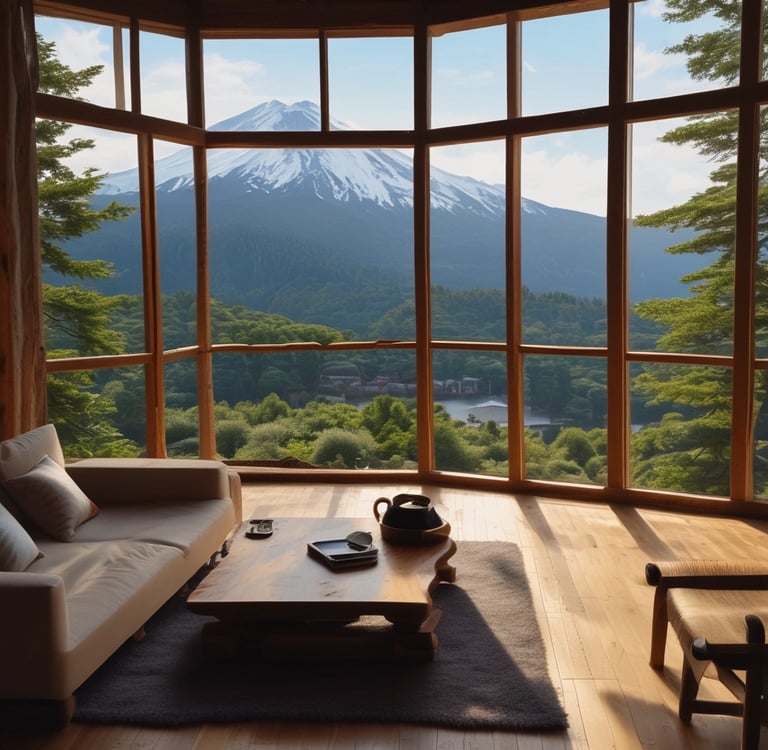 a living room with a view of a mountain