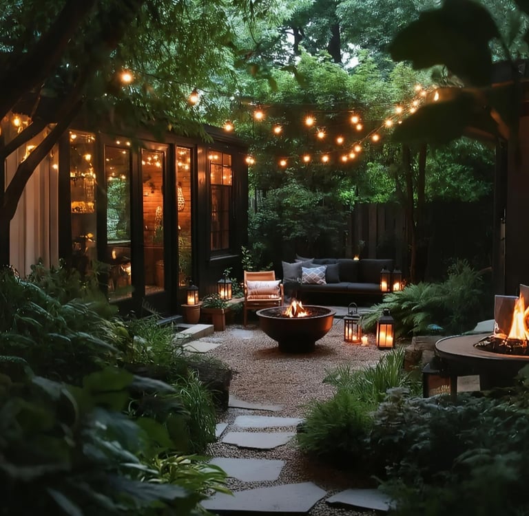 Cozy backyard patio at night with warm string lights, fire pits, and lush garden landscaping.