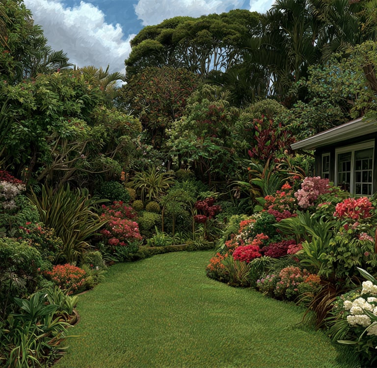 A man on a phone call stands in a lush tropical garden with vibrant flowers and exotic plants.