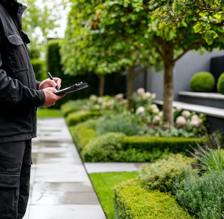 Professional gardener in black workwear writing on a clipboard while inspecting a manicured residential garden.
