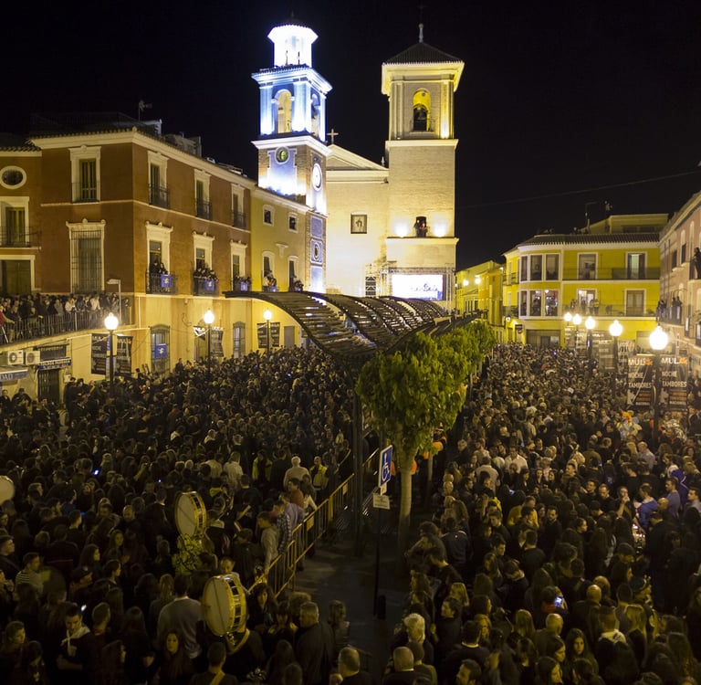 The town hall square of Mula during the Night of the Drums celebration, which runs from Tuesday to H