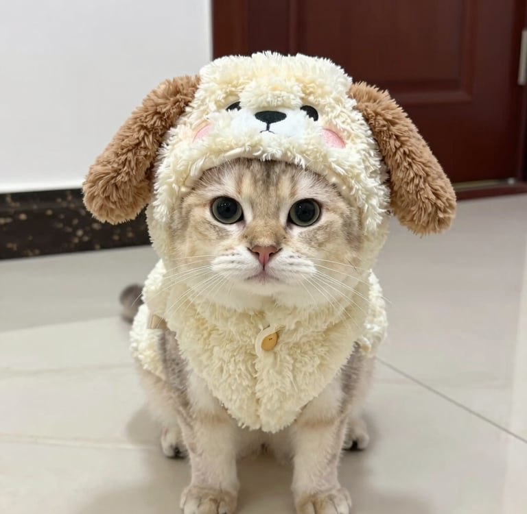 Un lindo gato con un gorro de disfraz de perro blanco y marrón, esponjoso, está sentado en un suelo 