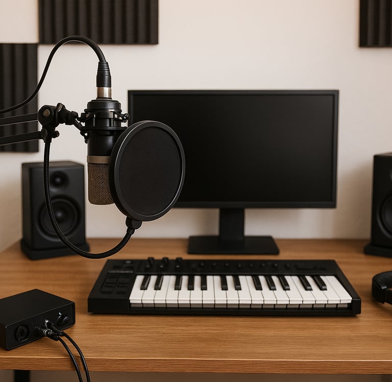 um microfone e um teclado em um estúdio de gravação