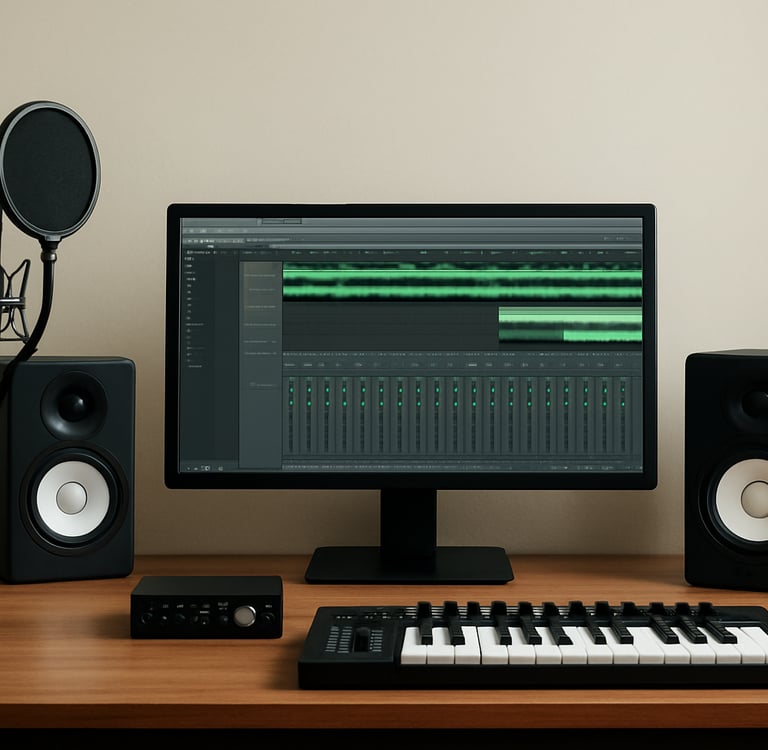 um monitor de computador e teclado com alto-falantes