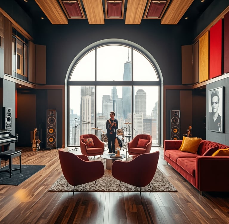 uma sala de estar com um piano sofás e caixas de som