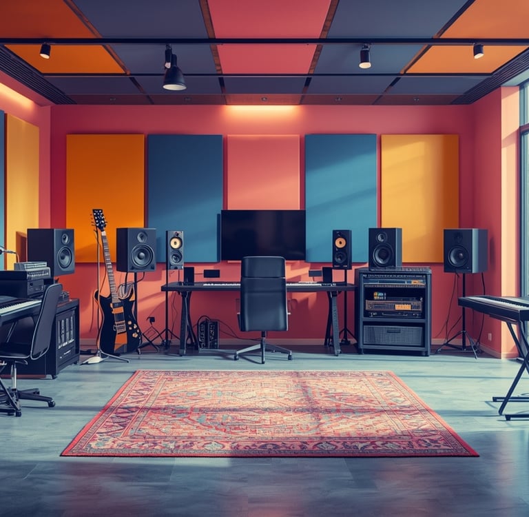uma sala com um piano, um teclado e um computador