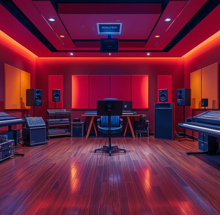 uma sala com um piano, uma cadeira e um piano