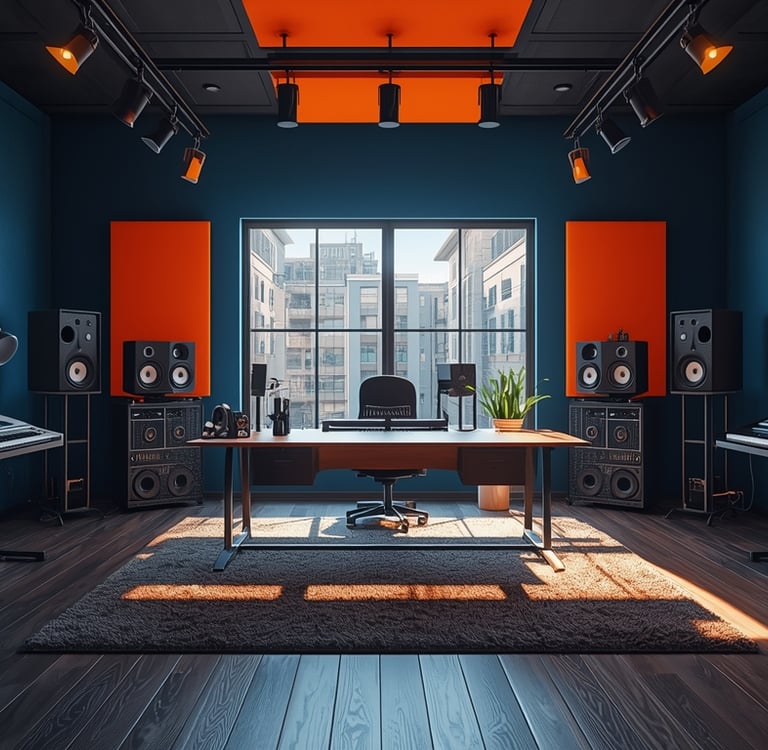 uma sala com um piano, um teclado e uma mesa