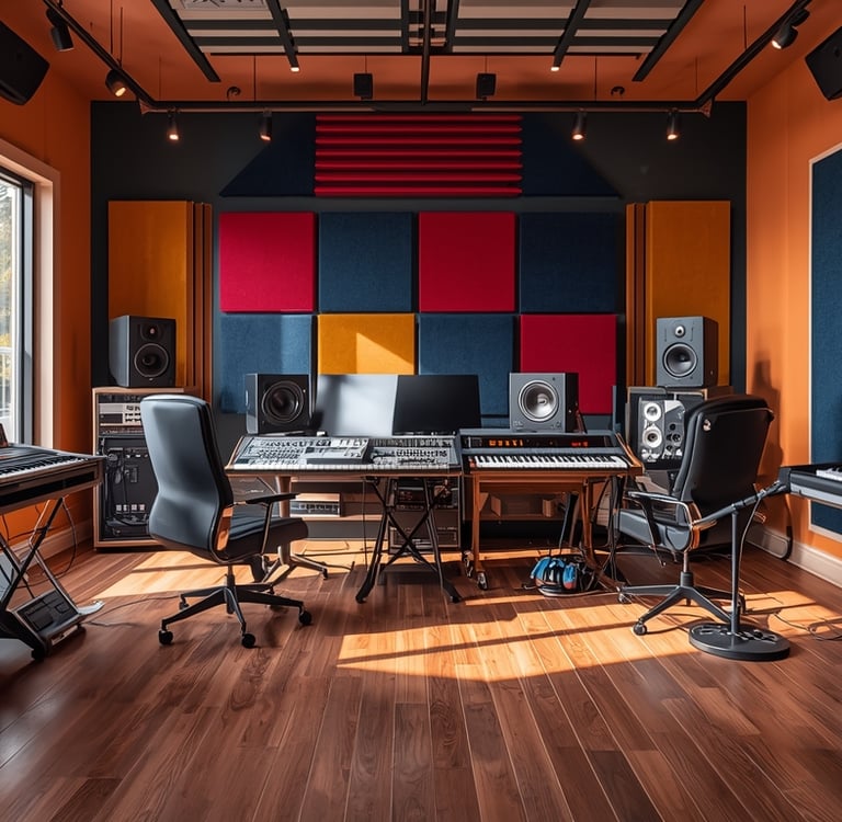 uma sala com um piano, um teclado e um teclado
