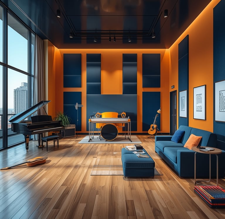 uma sala de estar com um piano e um piano