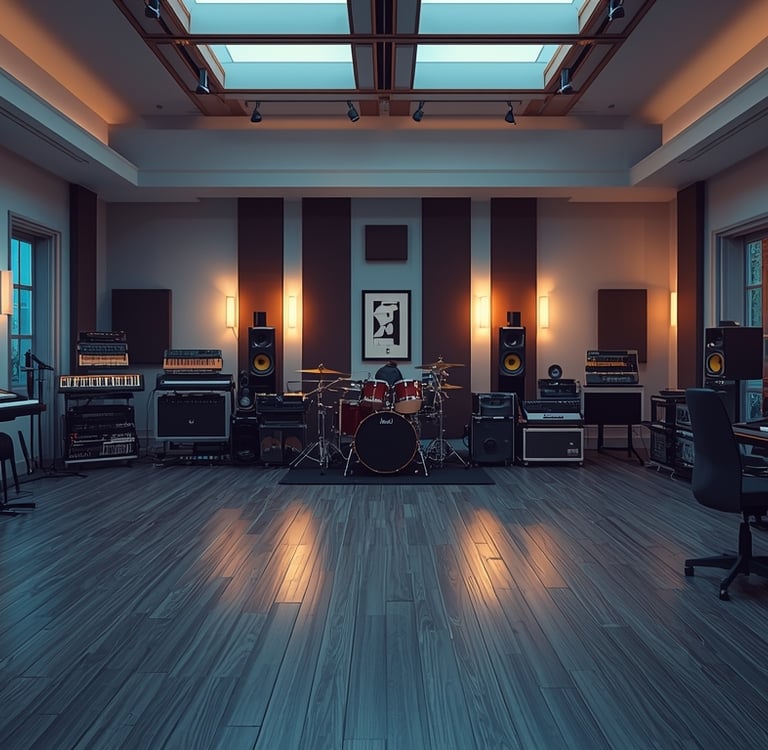  uma sala com um piano, um teclado, bateria e amplificadores