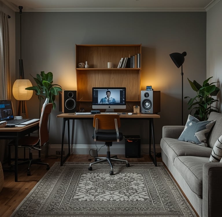 uma sala de estar com um sofá, um sofá e uma televisão