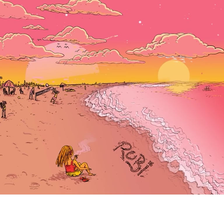 um desenho animado de uma menina na praia