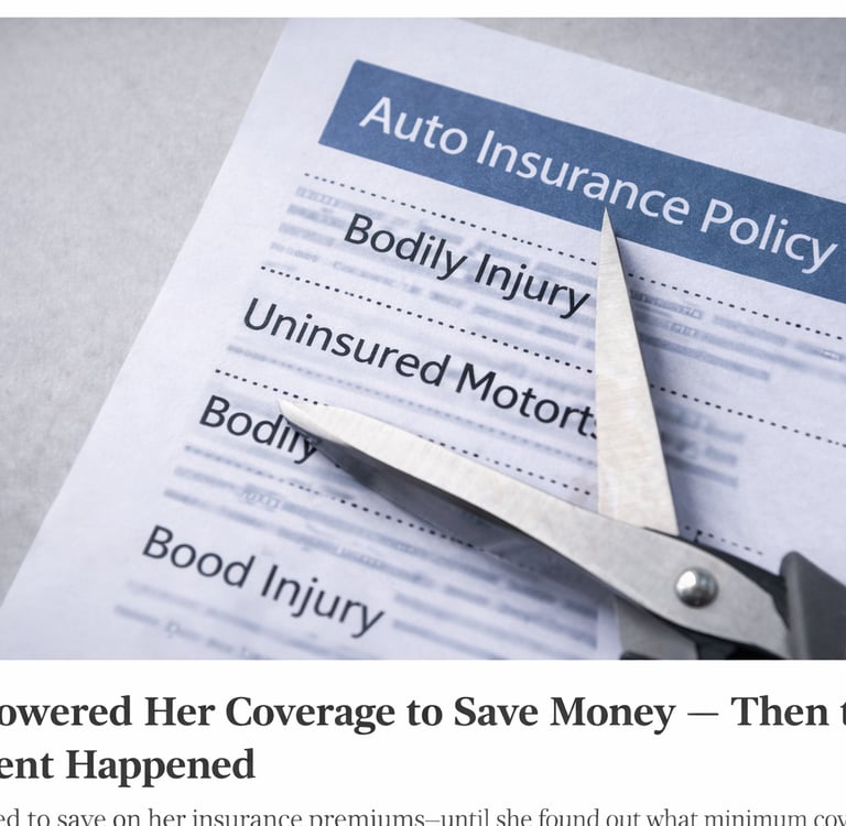 Auto insurance policy with reduced bodily injury liability limits showing minimum coverage risk