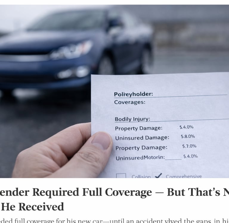 Auto insurance policy document showing missing collision coverage while financed vehicle