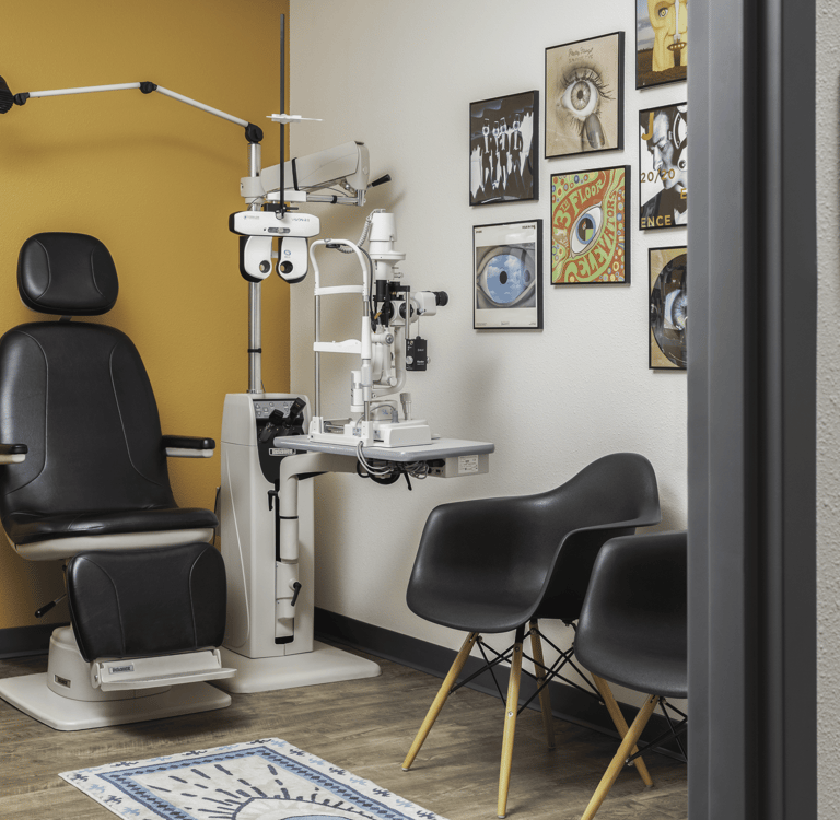 Interior of an eye exam room at Edge Optics Fort Collins location