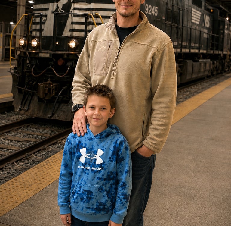 Josh, co-owner of East Coast Train Buyers with his son at a railroad locomotive.