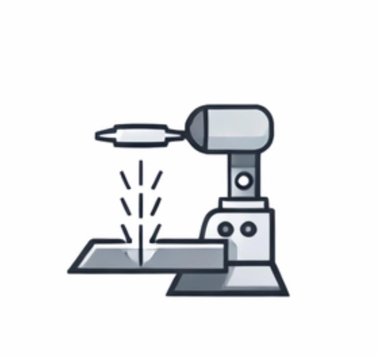 Flat vector icon of an industrial robotic arm performing precision laser cutting on a metal sheet.