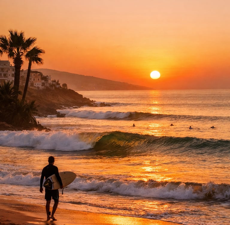 Surfer at sunset in Morocco during a surf retreat