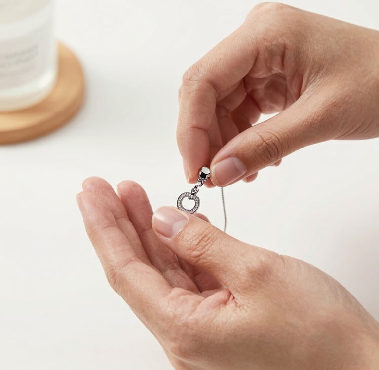 A person's hands holding a silver circle pendant necklace with sparkling pavé crystals.