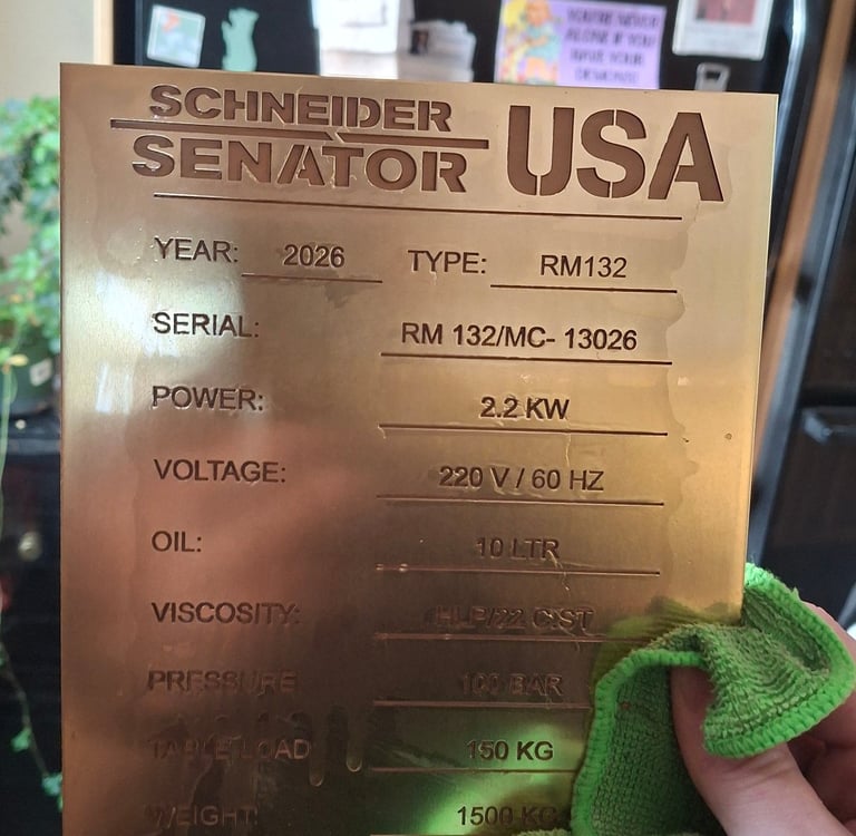 Brass data plate for machinery, 7" in size, deep engraved for longevity
