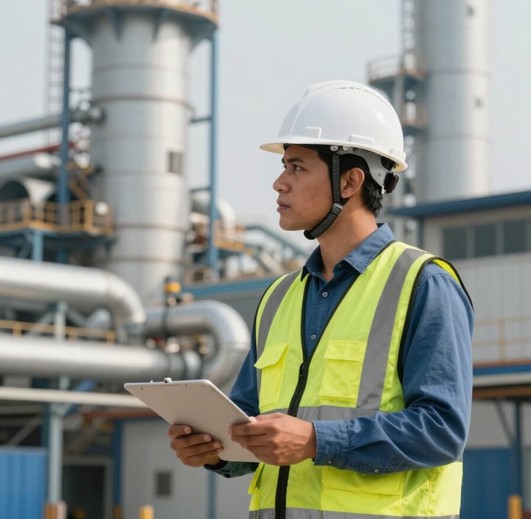 A professional safety engineer in a white hard hat and reflective vest inspecting a modern South American / Brazilian industrial facility. Natural daylight, steel blue and pale mist white tones in the background, sharp focus, professional photography style.
