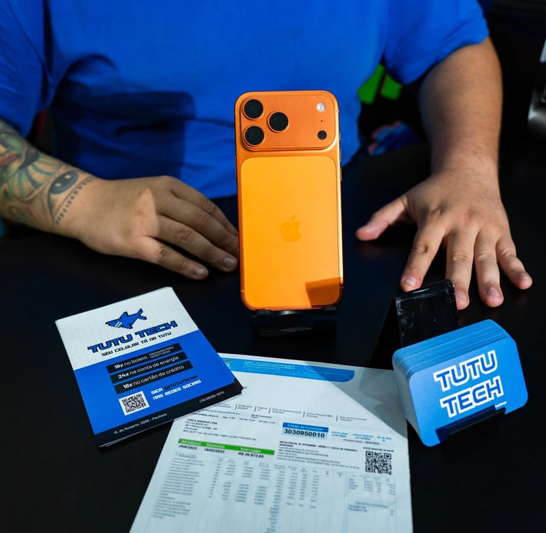 Orange iPhone smartphone on a desk with Tutu Tech branded cards and documents.