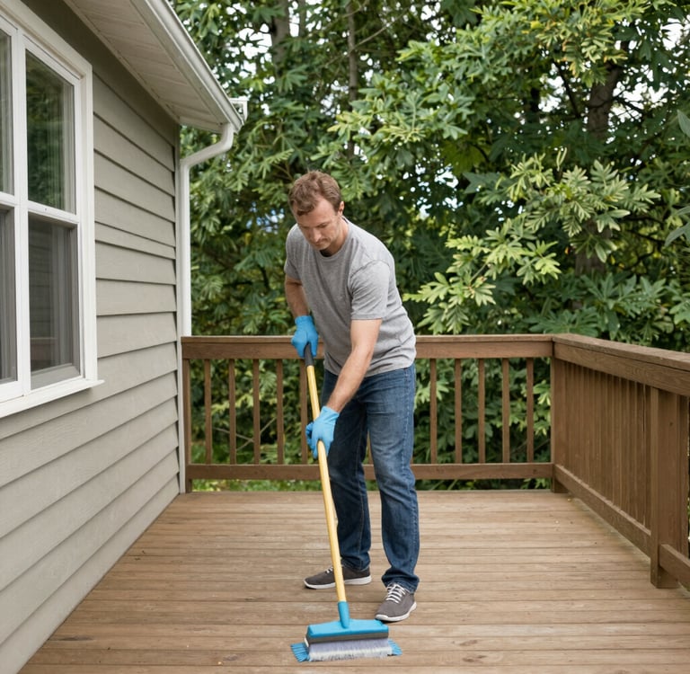 A woman wearing gloves uses a brush to sweep and clean a wooden outdoor deck.