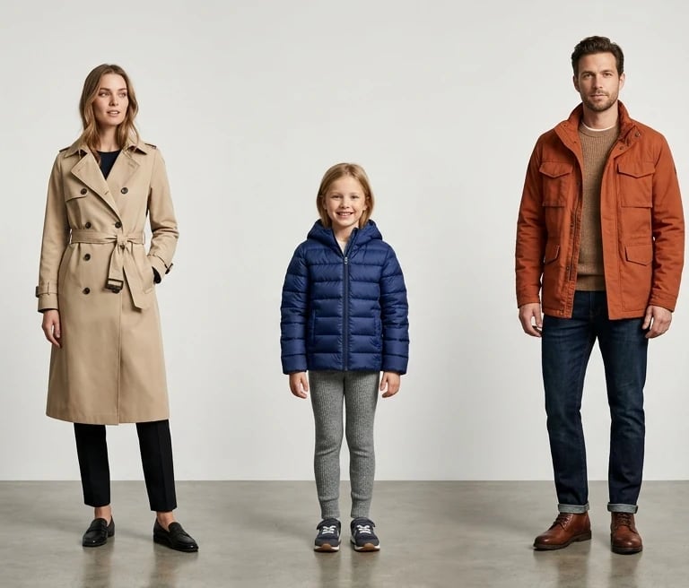 High-end fashion studio image of European models presenting modern outerwear and casual apparel collections