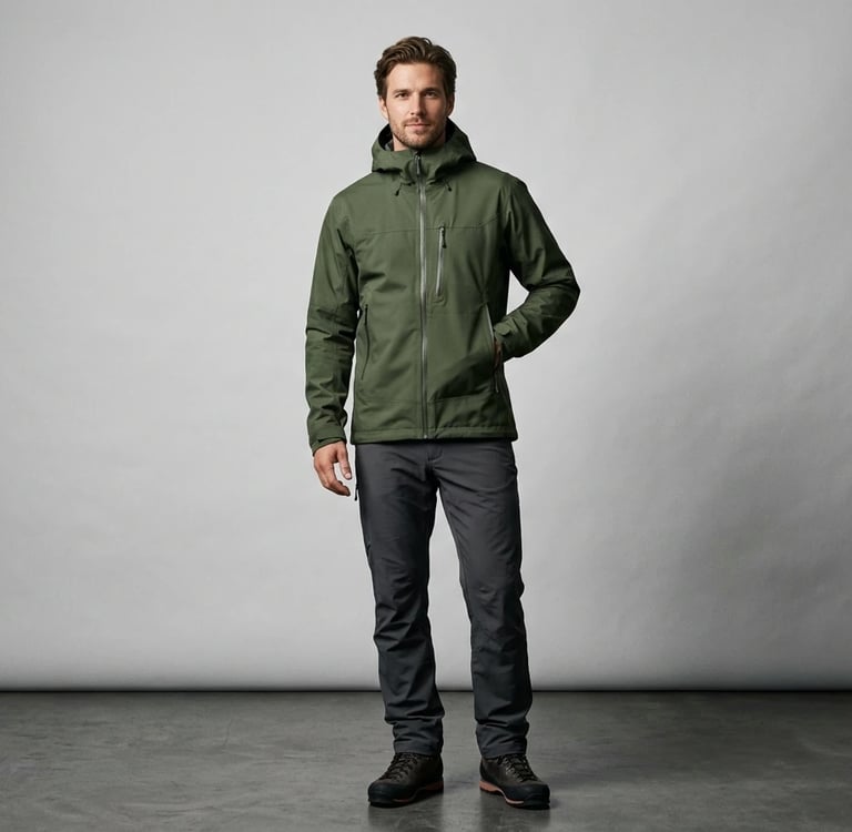 European male model in waterproof shell jacket