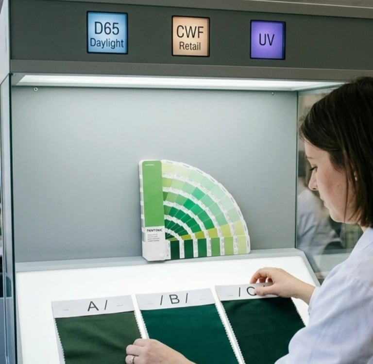 Lab tech assessing fabric swatches A, B, and C inside a professional color lightbox under D65/CWF light sources