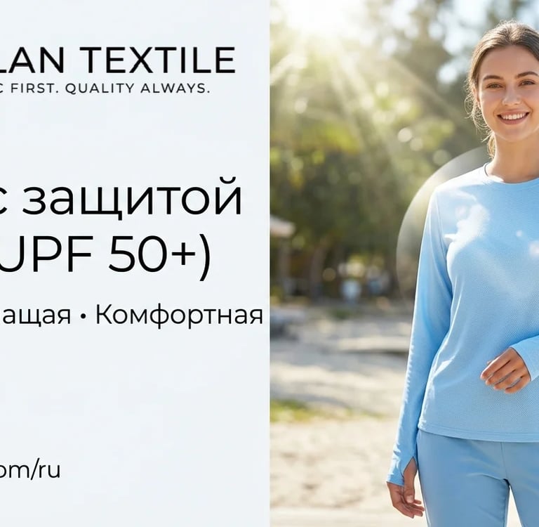 Russian banner for sun-protective UV-blocking textiles.