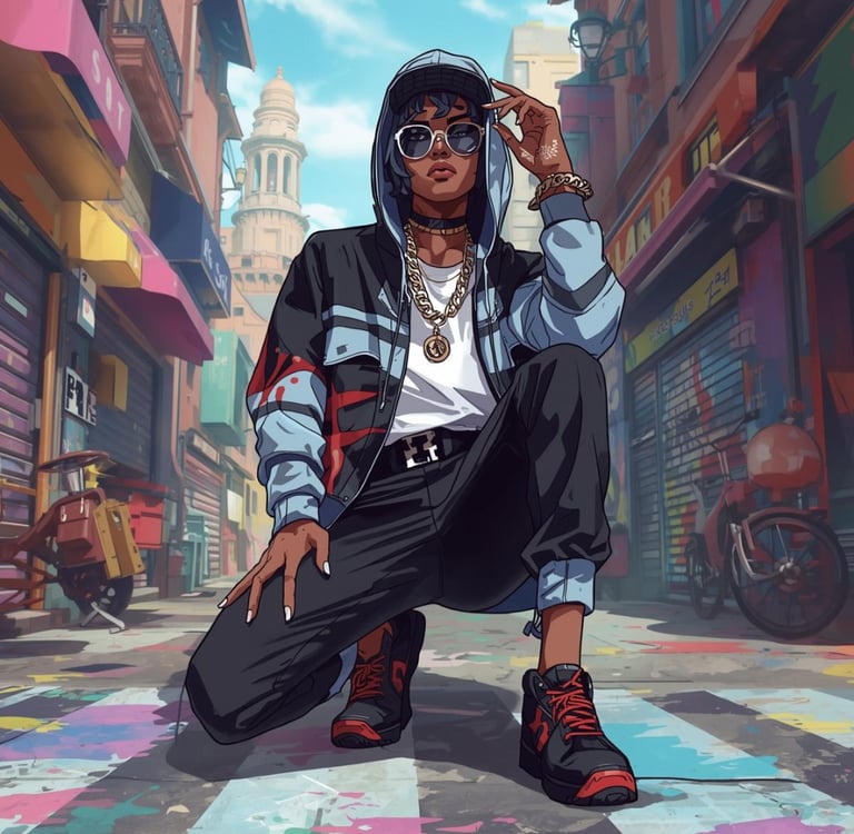 Anime style illustration of a woman in streetwear with a hoodie and sunglasses in a city alley.