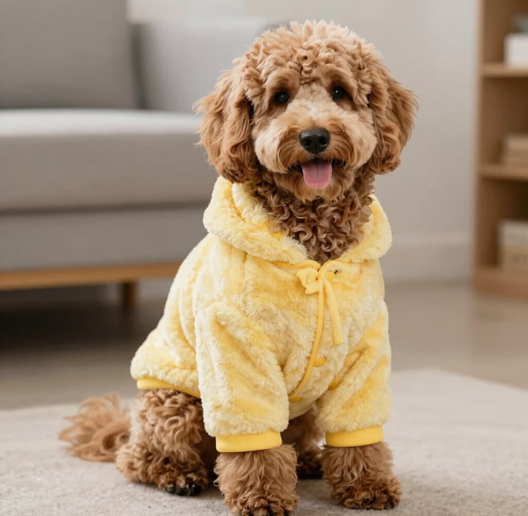 perro goldendoodle con chamarra amarilla
