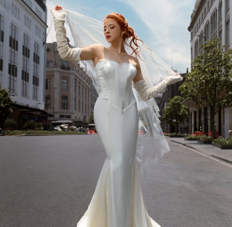Redheaded bride in a mermaid wedding dress and lace veil posing on a city street.