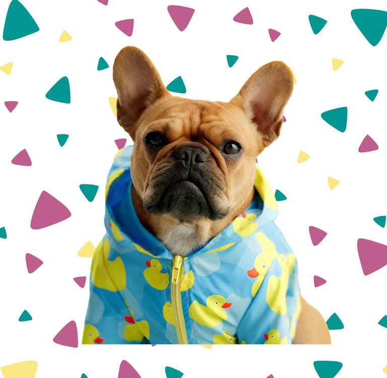 Bulldog francés con un impermeable de patito de goma azul.