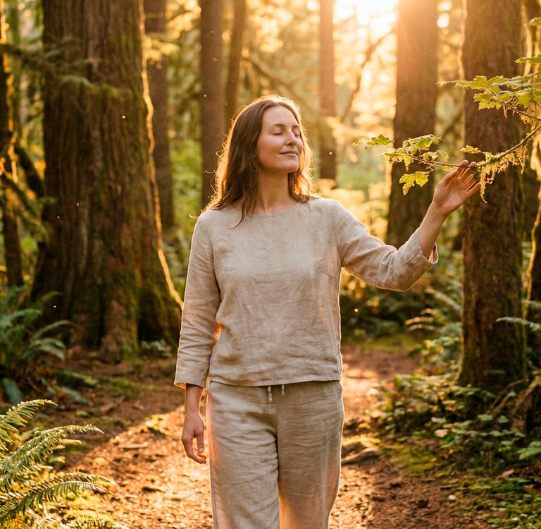Um mulher caminha entre as árvores, sob a luz do sol, demonstrando confiança e relaxamento.