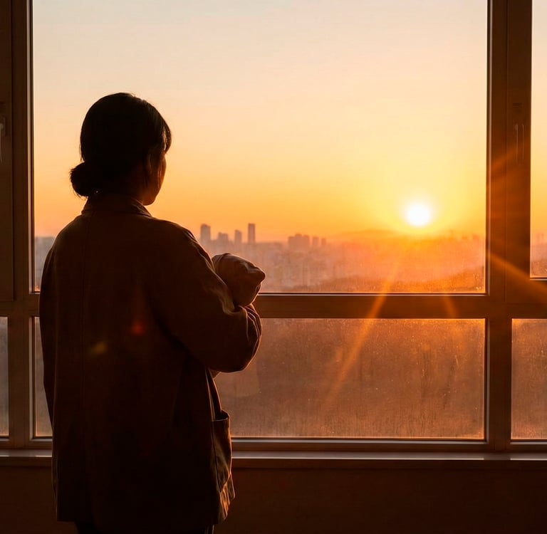 A mulher segura algo, enquanto olha pela janela e vê o sol nascer por cima do horizonte da cidade.