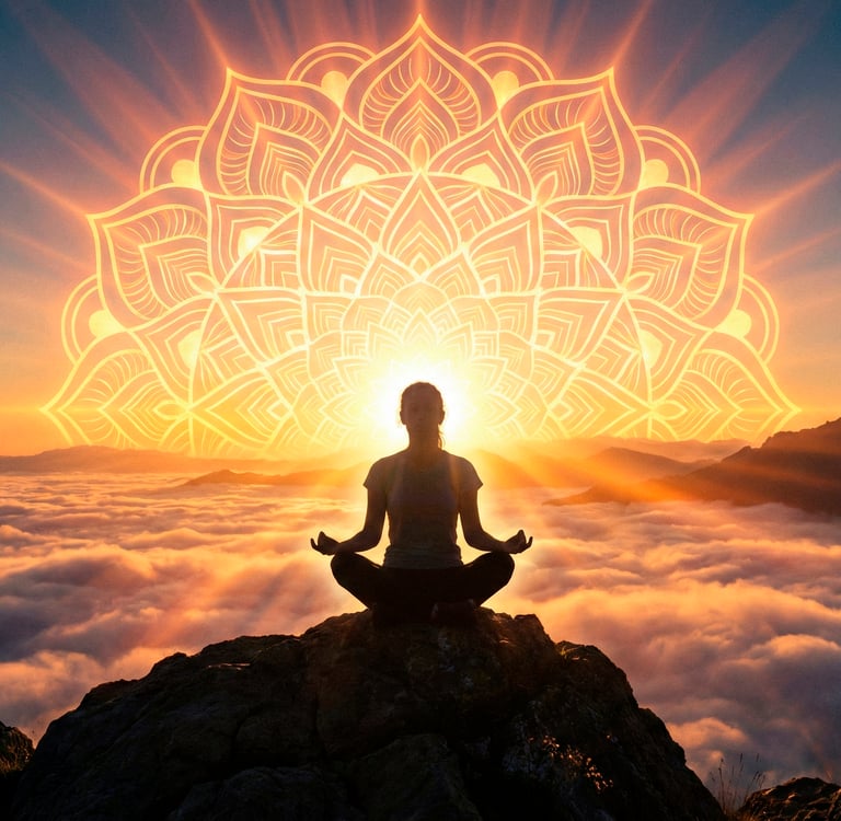 Uma mulher meditando no alto da montanha e a luz do sol formando uma mandala.