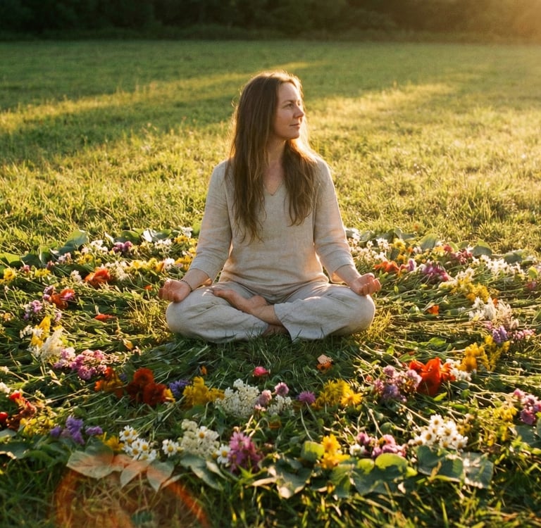 Uma mulher sentada na grama em posição de meditação e rodeada de flores formando uma mandala..