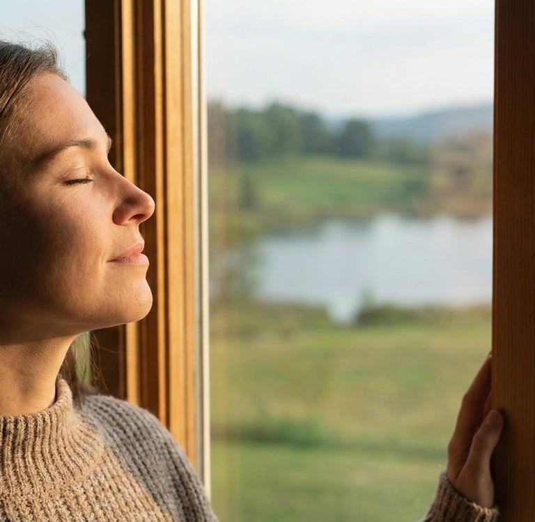 A moça respira o ar puro enquanto recebe a luz do sol nascente em seu rosto.