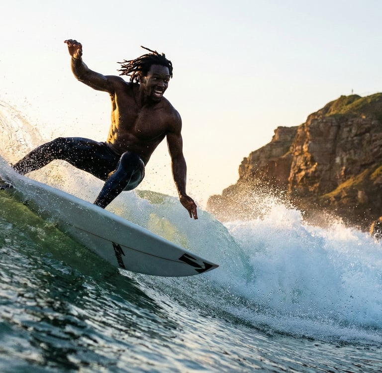 Um homem surfa sobre as ondas do mar, enquanto brinca sob a luz do pôr do sol.