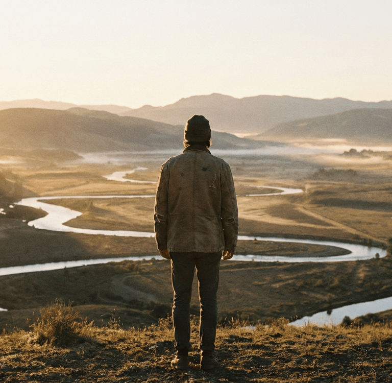 O homem de pé, no alto da montanha, está olhando para a imensidão da paisagem e meditando.