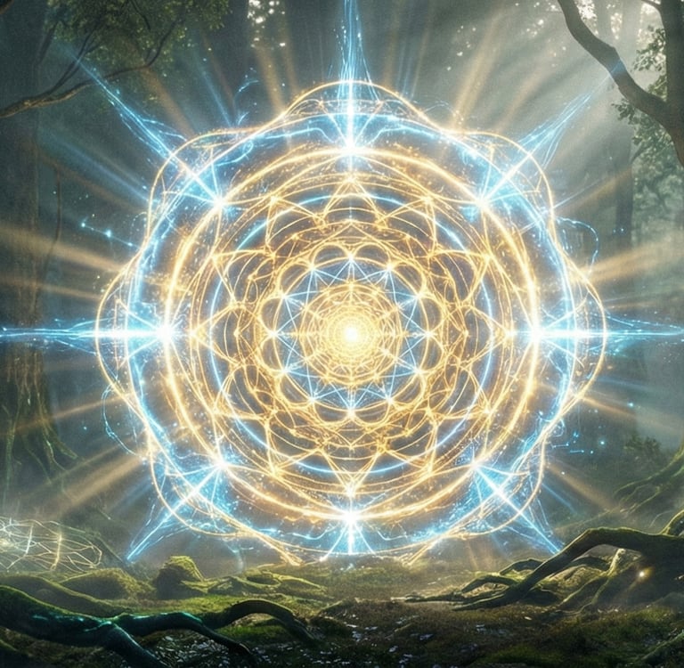O portal das mandalas se abre no meio da floresta e enche o ambiente de luz.