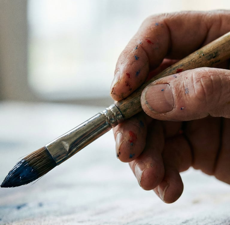 A mão respingada de tinta, segura um pincel com a ponta azul.