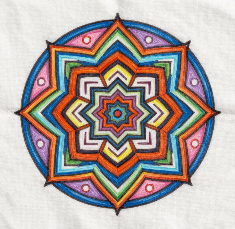 Uma mandala colorida em forma de pétalas e estrelas com um círculo no centro.