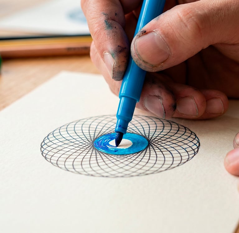 Os traços de uma mandala em preto e branco vão pouco a pouco sendo coloridos.